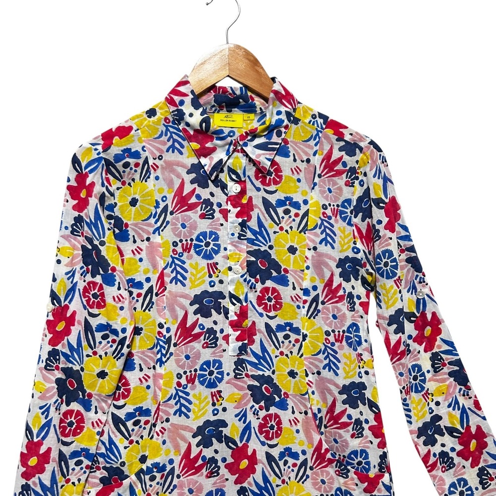 Roller Rabbit XS Floral Shirt Dress Cotton‎ Folk Art Print Resort Boho Tunic - Picture 5 of 10
